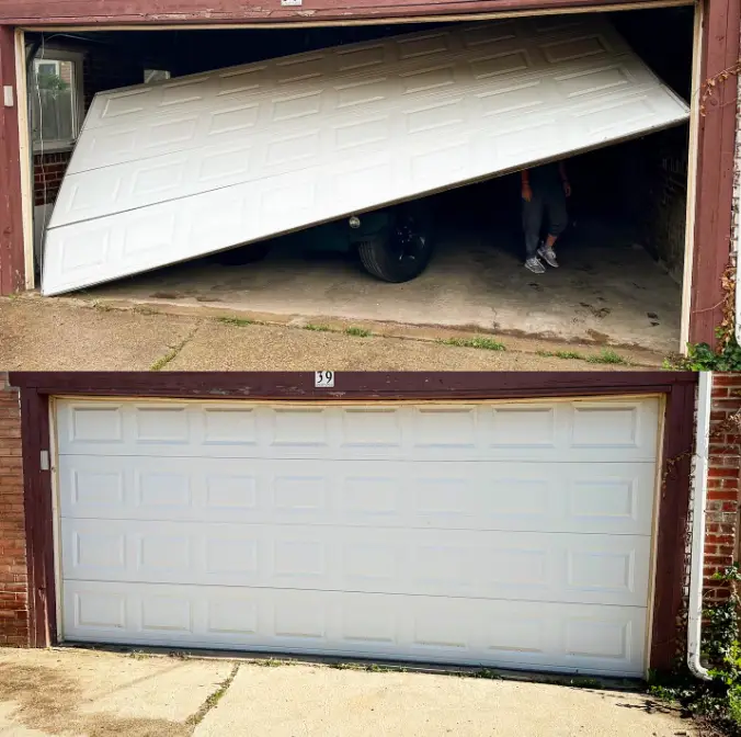 Two views of a partially open garage door.